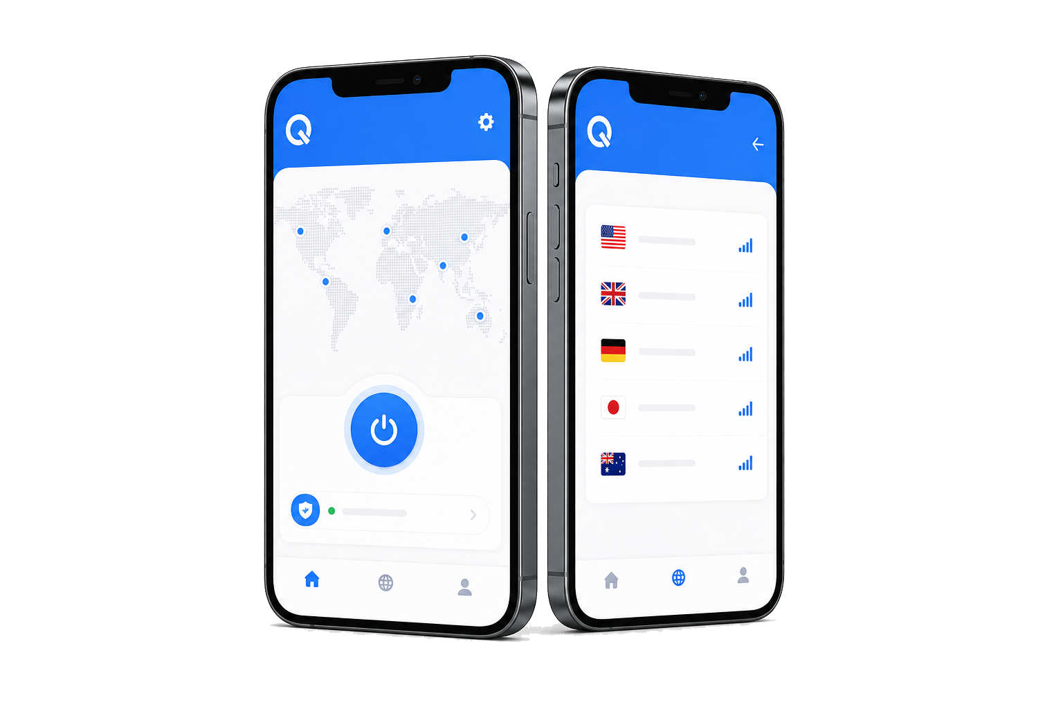 Two smartphones displaying the QuickQ VPN mobile client