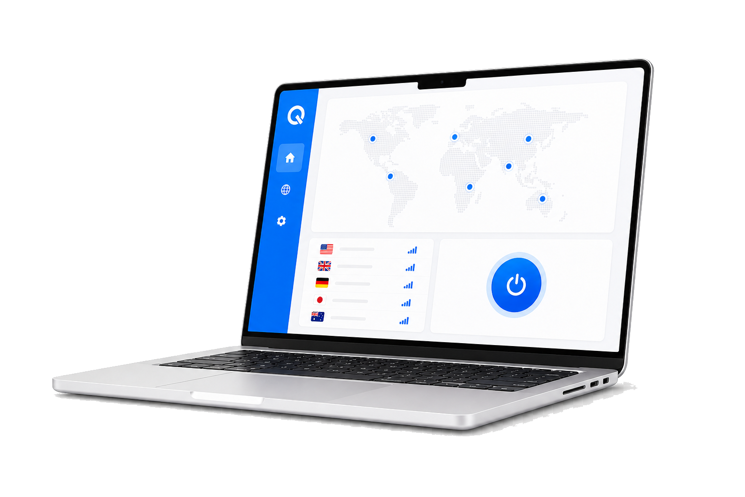 QuickQ VPN 클라이언트가 표시된 macOS 노트북